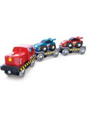Дървена играчка Hape - Влакче с автовоз и 2 колички