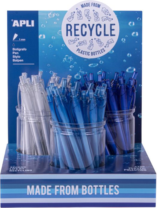 Дисплейна кутия на Химикалка Apli Recycle, асортимент в прозрачен, светлосин и тъмносин цвят, с надпис "Made from рециклиран PET plastic bottles" и "MADE FROM BOTTLES" в основата, за да се подчертаят екологичните материали.-5