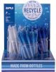 Дисплейна кутия на Химикалка Apli Recycle, асортимент в прозрачен, светлосин и тъмносин цвят, с надпис "Made from рециклиран PET plastic bottles" и "MADE FROM BOTTLES" в основата, за да се подчертаят екологичните материали.-5-thumb