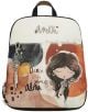 Раница Anekke Alma 26 x 30 x 8 см с артистичен дизайн: момиче със затворени очи, абстрактни форми и надписи "Dance with your alma" и "Anekke Alma", украсена с метални висулки на ципа.-2-thumb