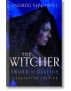 Корицата на книгата Sword of Destiny Illustrated Edition (The Witcher, Book 2) изобразява жена с къдрава тъмна коса в наметало с качулка на фона на опушено синьо.-thumb