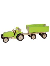 Дървена играчка Goki - зелен трактор с ремарке