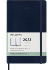 Класически син седмичен тефтер - органайзер Moleskine Sapphire Blue Horizontal за 2023 г. с меки корици