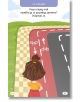 Илюстрацията на страница 29 от книгата „100 умни игри за безопасността“ показва момиче, което стои пред път, разделен на ленти за велосипеди и автомобили, с зелена тревна площ и павирана пътека. Текстът подканва децата да обмислят къде трябва да вървят, к-4-thumb