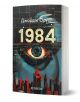 Руското издание "1984 м.к. (сити)" има голямо стилизирано око над градски пейзаж, удебелен жълт текст на заглавието и името на автора на кирилица на тъмен абстрактен фон.-1-thumb