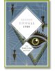 Корица на книгата 1984 / Nineteen Eighty-Four (Anaconda) с твърди корици, с геометрични шарки, голямо стилизирано око, символизиращо тоталитаризма, и абстрактни форми на син фон. Заглавието и името на автора се появяват в бели ромбове.-1-thumb