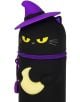 2-в-1 силиконов несесер Legami Kawaii - Kitty Witch е черен, във форма на котка с жълти очи и лилава вещерска шапка, държи жълт полумесец и има лилав цип-идеален за ученически аксесоари този Хелоуин.-5-thumb