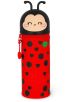 A red, цилиндричен 2-в-1 силиконов несесер Legami Kawaii - Ladybug с черни сърцевидни и кръгли петна, зелена детелина и надпис GET LUCKY. Горната част е оформена като усмихната калинка с антенки и розови бузки.-1-thumb