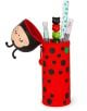 Червен, цилиндричен 2-в-1 силиконов несесер Legami Kawaii - Ladybug с черни сърца, капак с калинка, надпис "Get Lucky" и зелена детелина; разкопчан и пълен с химикалки, линийка и кутия във формата на мече.-2-thumb