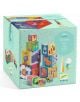 Жива кутия Djeco с 10 илюстровани кубчета за деца Djeco - Забава за деца над 12 г., с участието на игриви животни и цифри. В светлосинята опаковка са показани весели графики и ключови данни за продукта.-1-thumb