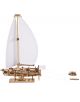 The 3D дървен пъзел Ugears - Яхта Ocean Beauty, 95 части, е модел с голямо бяло платно, детайлна конструкция и малка влекача лодка, прикрепена с въжета-DIY комплект върху стойки на бял фон.-2-thumb