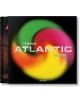 Корицата на книгата "75 години Atlantic Records" с ярки вихрови абстрактни рисунки и смел бял и жълт текст върху черно, посветени на фотографската история на легендарния лейбъл за соул музика.-1-thumb