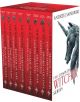 The Witcher Boxed Set 2024 включва всичките седем романа на Анджей Сапковски с червени и бели гръбчета с дизайн на корицата с вълк и еднорог, подредени в редица.-thumb