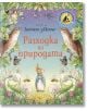 Корица на книгата за "Зайчето Питър. Разходка из природата" с горски животни, птици, пчели и растения около заек в синьо яке; илюстрации на природна тематика на небесносин фон за тази интерактивна книга.-thumb