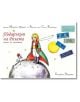 На цветната корица на "Подаръкът на Розата" е изобразен Малкият принц на малка планета с веещ се шал, заобиколен от марки, писмо до звездите, международни букви, жълта планета и български текст.-thumb