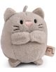 Малка, кръгла, светлосива Nici Mymochi Minis плюшена играчка, наподобяваща котка с пришити мустаци, розово носле, малки ушички и етикет от плат с проста илюстрация на котка - предлага се в книжарница Orange.-1-thumb