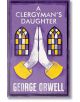 Корицата на книгата A Clergyman's Daughter (Дъщерята на свещеника) изобразява два витража и молещи се ръце на лилав фон, а заглавието и авторът на това анотирано издание са изписани с удебелен бял шрифт.-thumb