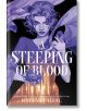 Корицата на книгата A Steeping of Blood (Blood and Tea, Book 2) от Хафса Файзал е със стилизирана жена с развяваща се коса, която държи синьо цвете и е обвита в лилав плат над златисто осветен коридор - романтично вампирско фентъзи.-thumb