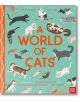 Корицата на "Светът на котките" - илюстрован справочник, представящ игриви породи котки в много цветове около заглавието, с оранжев гръбнак и тиландски фон, осеян с бяло. Идеален за тези, които се интересуват от разбирането на езика на котешкото тяло.-2-thumb