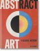 Корица на книгата за Абстрактно изкуство: A Global History има смел червен фон, поразителен бял и черен текст и централна абстрактна форма с кръгове, които пресъздават динамичната същност на абстрактното изкуство.-1-thumb