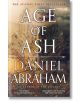 Корицата на книгата Age of Ash (The Kithamar Trilogy, Book 1), на която е изобразен древният град Китамар, вграден в скалист планински склон под драматично небе, а заглавието е в бяло и златно.-thumb