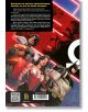 Задна корица на книгата с комикси на DC „Сагата „All In““, на която са изобразени Супермен, Чудо-жената и Батман от „Лигата на справедливостта“ в динамични пози на космически фон, с текст на български език отгоре и ISBN, както и логото на издателя отдолу.-7-thumb