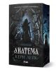 Корицата на книгата с мрачно фентъзи за "Анатема" изобразява жена в развяваща се рокля в мъглива, изкривена гора с врани над нея. Зловещата сцена внушава вещици и магия; българското заглавие гласи "Анатема.-1-thumb