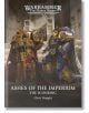 Двама бронирани воини се изправят един срещу друг на корицата на "Пепелищата на Империята", на фона на разкъсана от войната сцена, в която легионите на предателите се сблъскват след Великия кръстоносен поход на императора.-thumb