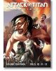 Корицата на Attack on Titan Omnibus 4 (Vol. 10-12) показва високи, заплашителни титани зад решителни герои, а заглавието на поредицата и номерата на томовете са изписани на видно място.-2-thumb
