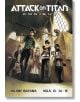 Седем герои стоят в склад с кашони, облечени в бойна и ежедневна екипировка, някои от тях са въоръжени. През високите прозорци над тях прониква слънчева светлина. На корицата е изписано заглавието: Attack on Titan Omnibus 5 (Vol. 13-15) by Hajime Isayama.-2-thumb