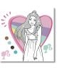 Черно-бяла рисунка на усмихнато момиче в рокля стои пред цветно сърце, луни, звезди и силуети - идеална за почитателите на Барби. Оцветявам по символи или за всеки, който се радва на оцветяване по символи.-3-thumb