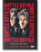 Корицата на Battle Royale Deluxe Edition, Vol. 1 включва портрети на двама млади мъже под червеното заглавие BATTLE ROYALE, което подсказва темата за играта за оцеляване; авторът и художникът са показани по-долу.-thumb