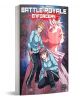 3D корица на „Battle Royale: Enforcers“, том 3, на която са изобразени гимназисти в спортни екипи — единият стои с пистолет в ръка, а другият е приклекнал — на фона на драматичното изражение на лицето на момче от тази напрегната манга за оцеляване.-1-thumb