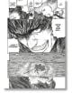 Страница от мангата Berserk Deluxe Edition Vol. 13 показва интензивни близки планове на героите и драматични изражения; централният панел показва усмихнат мъж, който долу стои с меч в сюрреалистичен пейзаж, изпълнен със зловещи очи.-5-thumb