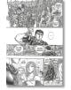 На страница от Berserk Deluxe Edition Vol. 7 са изобразени бронирани войници на коне, мускулест мъж с голям меч, а наблизо жена с дълга коса и деца наблюдават как облечена в мантия фигура с очертан гръб се отделя.-6-thumb