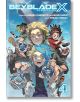 Три развълнувани деца държат въртящи се Beyblades, готови за битка на син футуристичен фон. В горната част се появява надписът "Beyblade X, Vol. 4", а в долния десен ъгъл е изобразена голяма цифра 4.-1-thumb