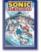 Корицата на "Таралежът Соник - том 3: Битка за ангелския остров", на която Sonic, Knuckles и Blaze тичат по вода, а на заден план са д-р Роботник и други. Заглавието е на английски език, а в долната част има текст на руски език.-2-thumb