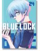 Корица на мангата Blue Lock, Vol. 24 със синеок футболист в синя фланелка, който държи топка, а наситените му очи показват метавиждането му. Заглавието и номерът на тома се появяват на видно място на корицата.-thumb