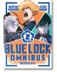 Корица на Blue Lock Omnibus, Vol. 2 с трима манга герои в динамични пози с напрегнати изражения, пресъздаващи вълнението на японския училищен футбол на фона на син геометричен дизайн и смел текст.-thumb