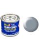 Малка 14-милилитрова кутийка с Боичка Revell копринено сиво е показана до образец за сребристо-сива боя. Кутийката със син етикет и бял и жълт текст е идеална за боя за пластмасови модели.-thumb
