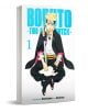 3D визуализираната корица на Boruto: Two Blue Vortex, Vol. 1 показва Боруто Узумаки с руса коса с шипове, лента за глава и черно наметало, седнал с кръстосани крака и меч, готов за действие, пред синьо-белия текст на заглавието.-1-thumb