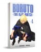 Корицата на Boruto: Two Blue Vortex, Vol. 4 показва русокоса нинджа в черно наметало, седнала с едно коляно нагоре, на бял фон със син текст и имената на създателите в долната част, загатващи за нови нинджа приключения.-1-thumb