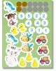Ярък лист стикери върху зелен фон от серията "Броя от 1 до 10" с птички, пчели и сини кръгчета - идеални за учене чрез игра или към книжка със стикери.-3-thumb