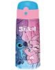 Бутилка за вода Sevem със син капак, с изображения на Стич и Ангел от Lilo and Stitch на розов и лилав фон. Думата "Stitch" е изписана в бяло в горната част - предлага се в книжарница Orange.-1-thumb