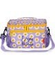 Чанта за храна Legami - Daisy, 7,7 л. е лилава чанта за обяд, изработена от рециклирани материали, с десен на маргаритка и усмихнато слънце, жълти ципове, мрежести джобове, дръжка и надпис "Наслаждавай се на малките неща" отпред.-1-thumb