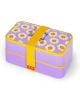 Кутия за храна Legami - Daisy е двуетажна лилава кутия за обяд с жълт кант и каишка, украсена с усмихнати маргаритки и надпис "Наслаждавай се на малките неща". Идеална като комплект с прибори за хранене в движение.-2-thumb
