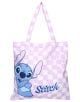 Розово и бяло каре Vadobag Stitch Bag It Up чанта за пазаруване с изображение на Stitch от филма "Лило и Стич" на Disney, с неговото име със син шрифт и малки сини цветя - предлага се в книжарница Orange.-1-thumb