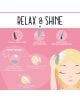 Графичната инструкция "Relax & Shine" подчертава Четка за скалп Legami Relax & Shine - Kitty: ексфолира, масажира, подобрява абсорбцията и е подходяща за всички типове коса. Стъпките показват нанасяне на продукта, масажиране на скалпа и изплакване.-5-thumb