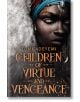 Корица на книгата "Деца на добродетелта и отмъщението", на която в близък план е показана тъмнокожа млада жена със сложни бижута и цветна забрадка, зад която се вие мистичен дим; част от вдъхновената от Западна Африка поредица "Наследството на Ориша".-thumb