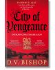 Корица на книгата "Град на отмъщение", исторически трилър с черен и златист текст на червен фон, с ренесансов пейзаж от Флоренция, герб, акценти в рецензиите и споменаване на Чезаре Алдо.-thumb